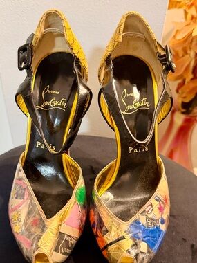 Christian Louboutin Yellow Multicolor Peep-Toe Slingback Heels